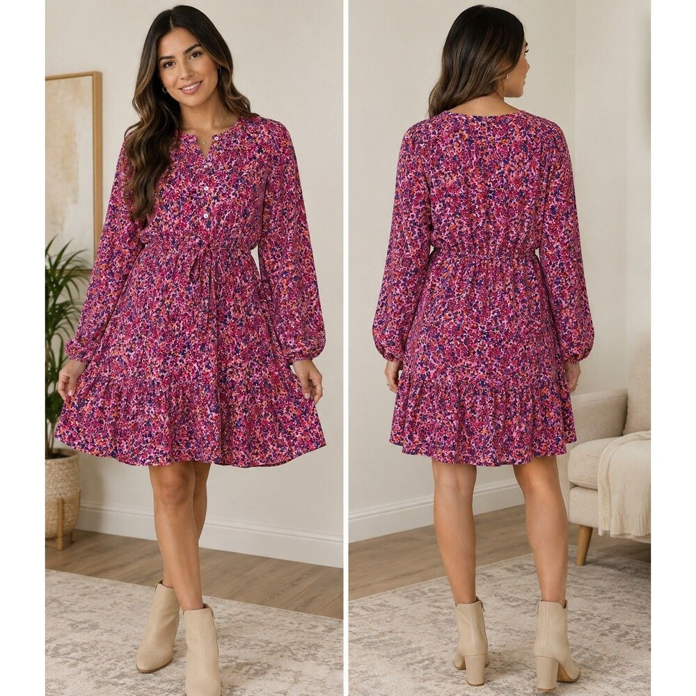 Time and Tru Women’s Floral Print Long Sleeve Fit & Flare Dress Size M